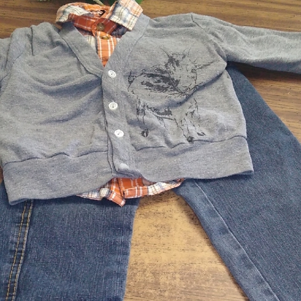 Gray Cardigan with Orange Plaid Shirt and Blue Jeans Set 18 Months